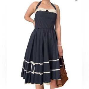 vintage coquette sailor dress, halter sundress, navy and white, size small